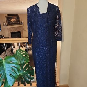 Alex Evening Womens 2 pcs Petite lace & sequins Dress & jacket Navy Blue size 6p